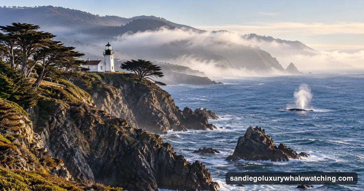 A lighthouse on a rocky California headland with a whale's spout offshore in morning haze