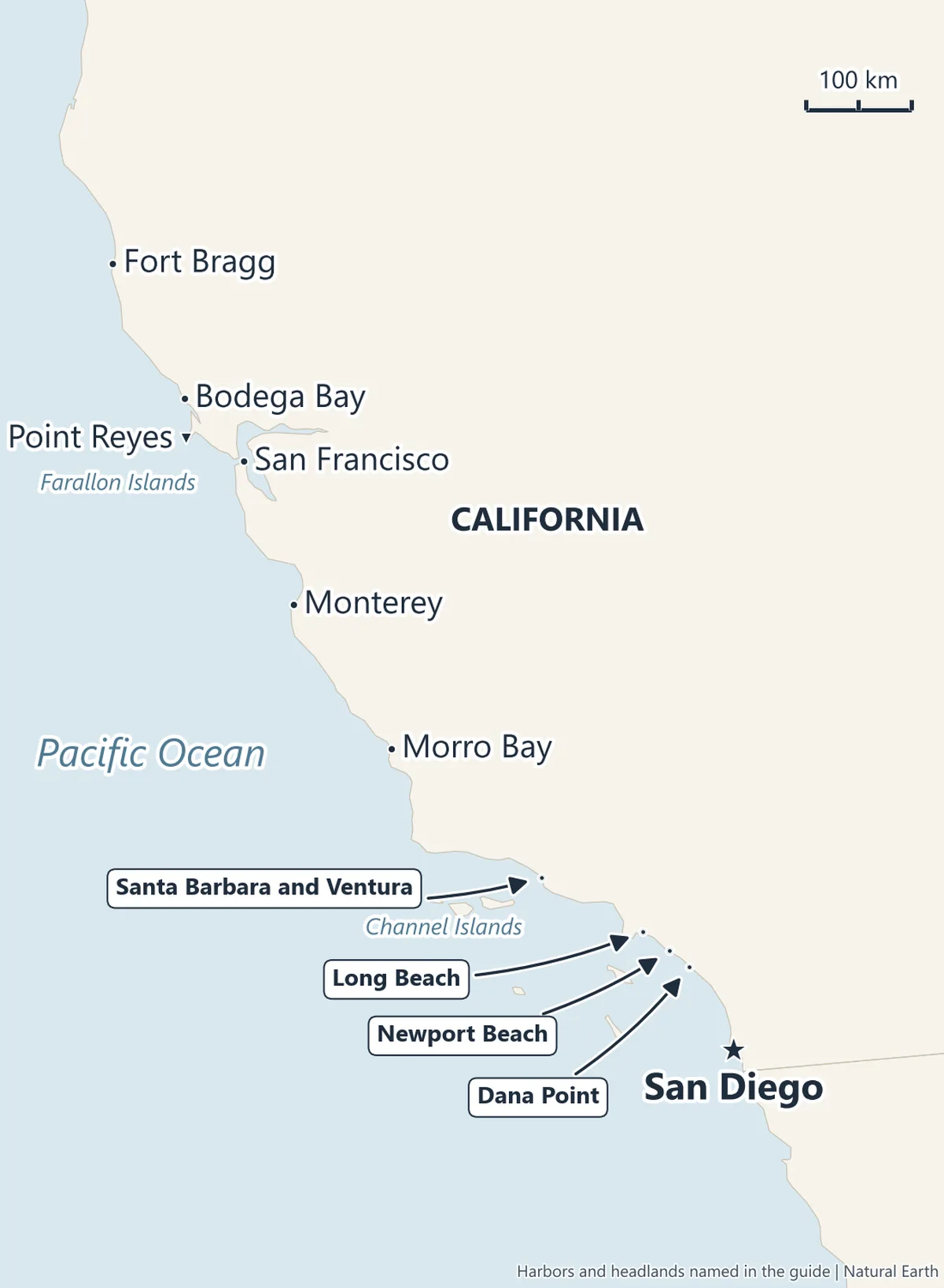 Map of California's whale-watching harbors and headlands from San Diego north through Dana Point, Newport Beach, Long Beach, Santa Barbara and Ventura, Morro Bay, Monterey, San Francisco, Point Reyes, Bodega Bay and Fort Bragg