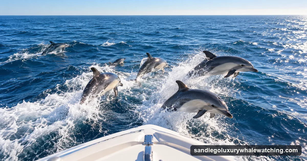 Common dolphins leaping through a boat's bow wave on the open Pacific