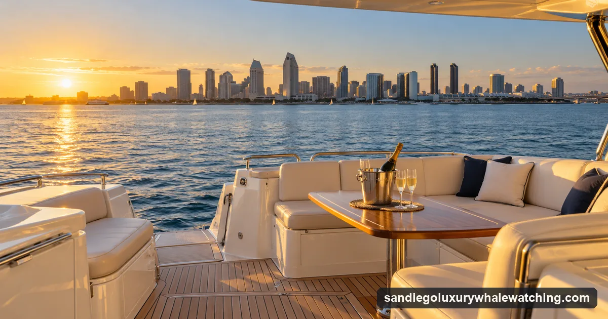 The aft deck of a private yacht with cushioned seating and an ice bucket, San Diego skyline behind