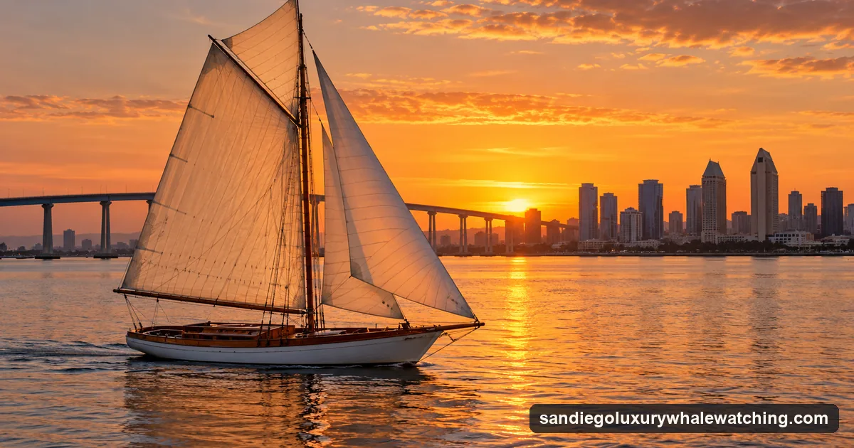 A classic wooden sailboat under sail on San Diego Bay at sunset, the Coronado Bridge behind