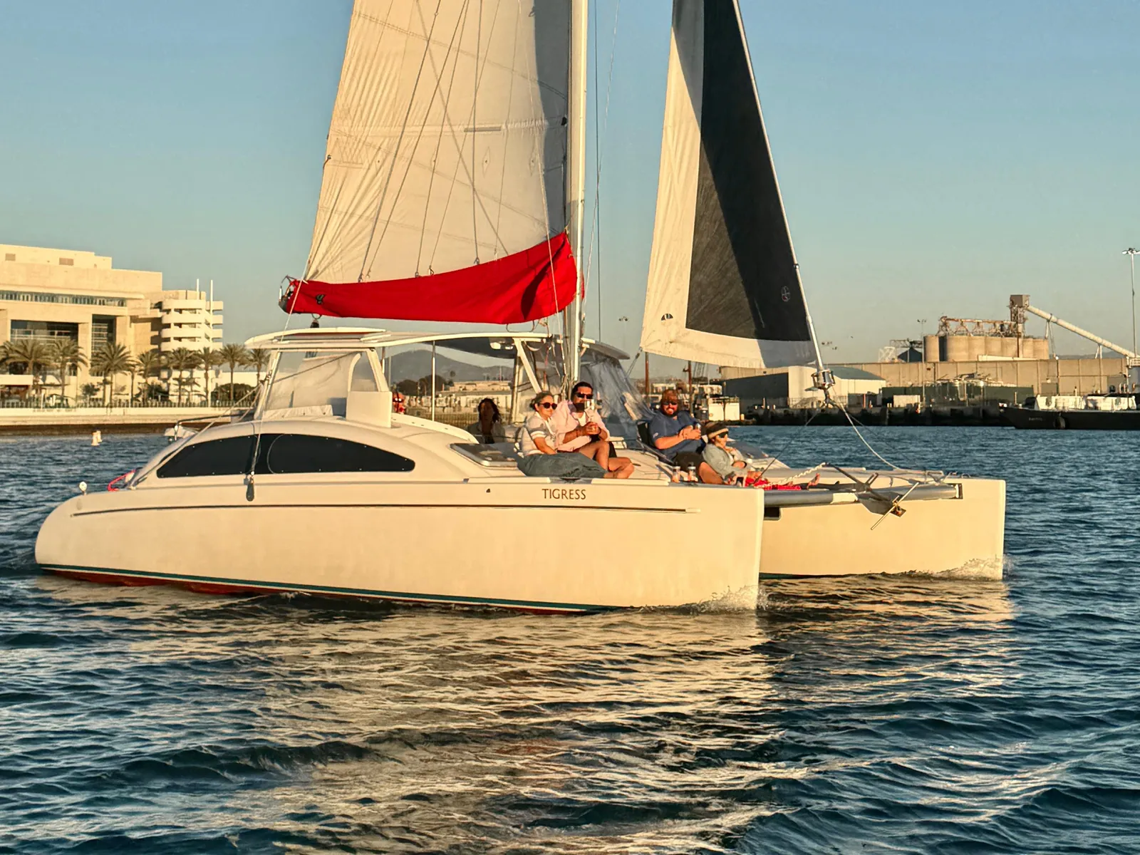 Two sailing catamarans on San Diego Bay
